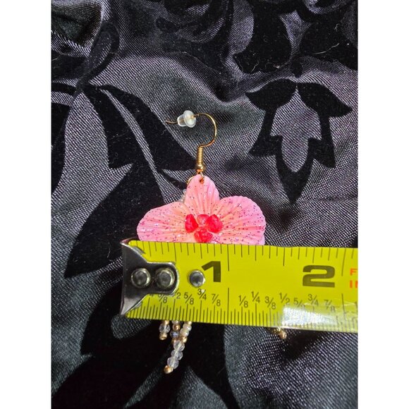 Handcrafted 18k Gold Plated Asian Inspire Ornamental Beaded Pink Orchid Earrings - Picture 7 of 7